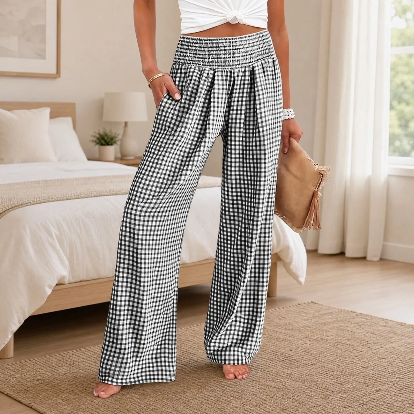 Summer™ Cotton Linen Trousers with Plaid Print