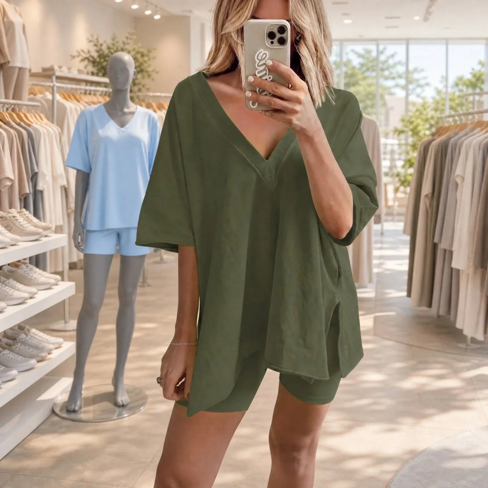 Yelena™ Set Oversized V‑Neck Top and Minimalist Shorts