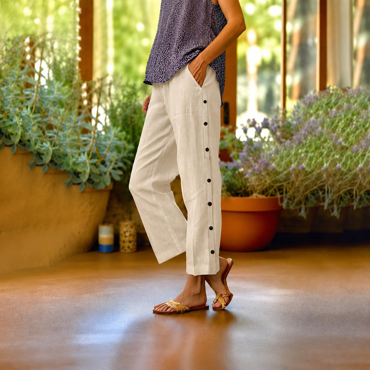 Ella™ Cropped Cotton-Linen Pants with Elegant Side Buttons