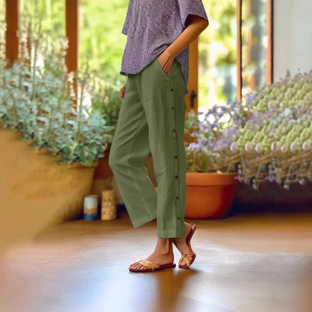 Ella™ Cropped Cotton-Linen Pants with Elegant Side Buttons