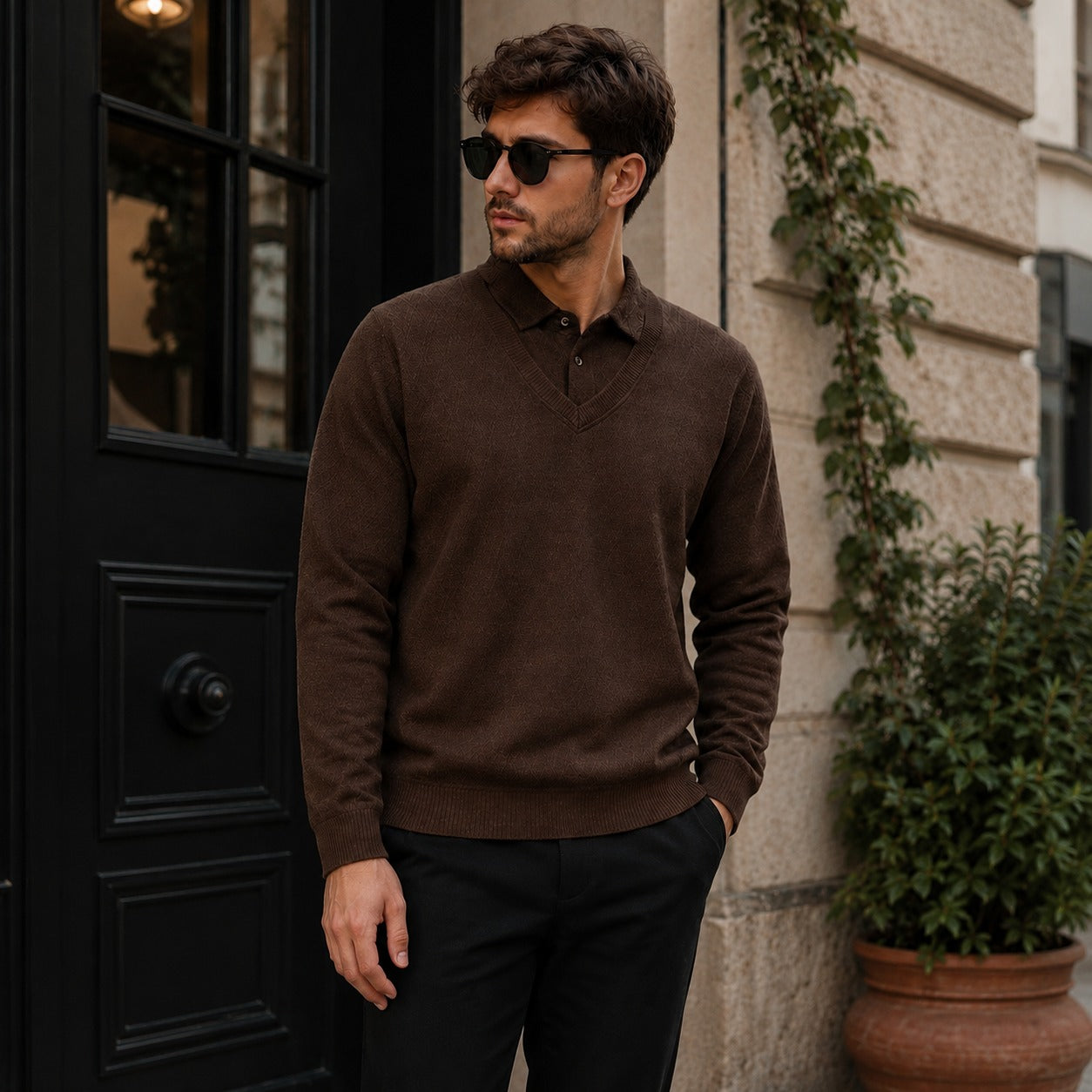 Lyon™ Premium Textured Knit Sweater with Integrated Polo Collar