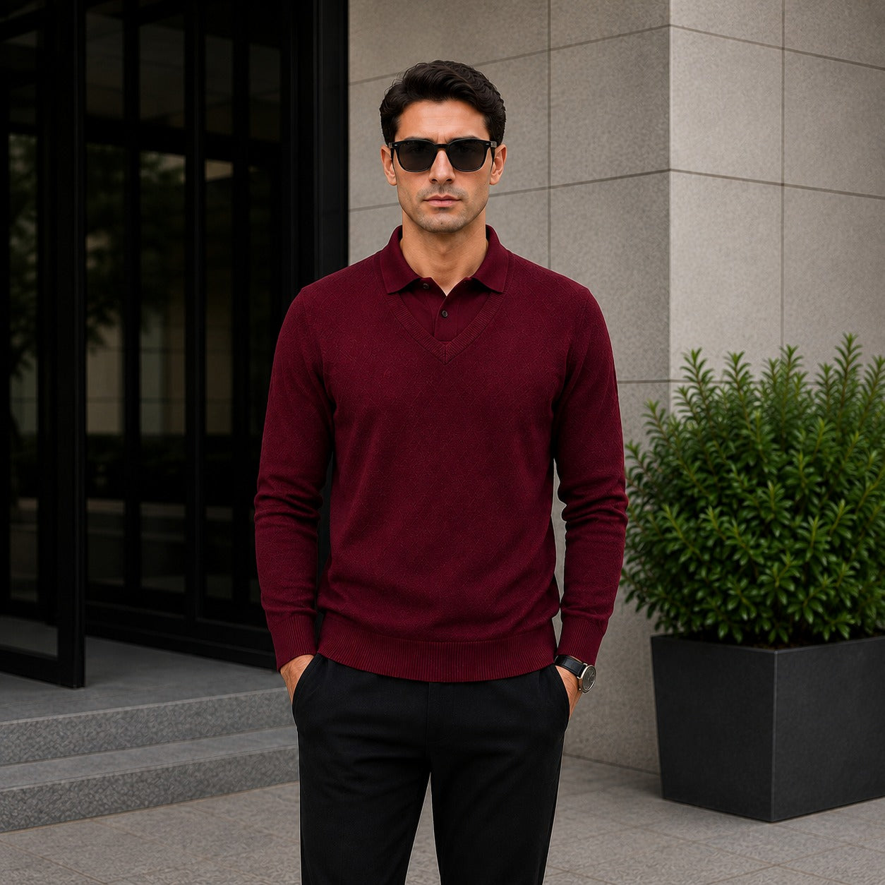 Lyon™ Premium Textured Knit Sweater with Integrated Polo Collar
