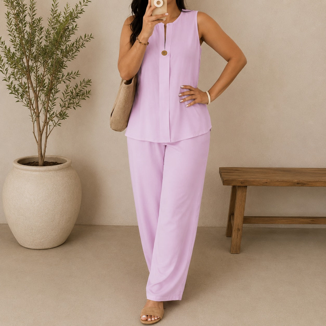 Lucienne™ Set with Front Keyhole Neckline Top and Palazzo Pants