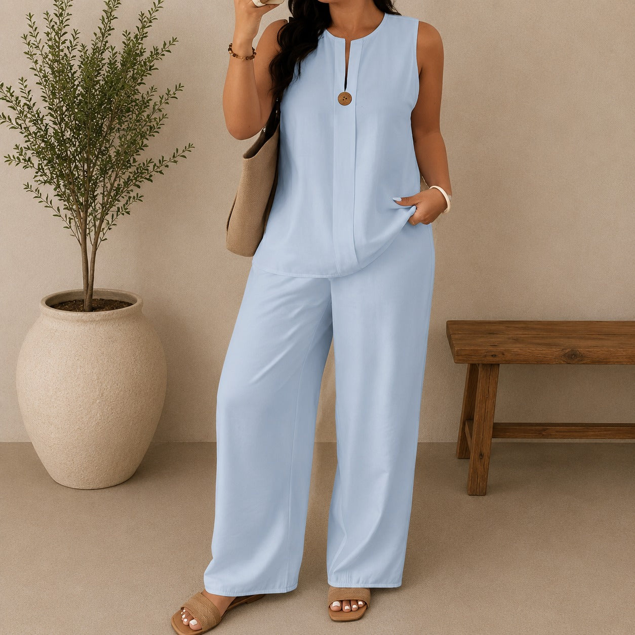 Lucienne™ Set with Front Keyhole Neckline Top and Palazzo Pants