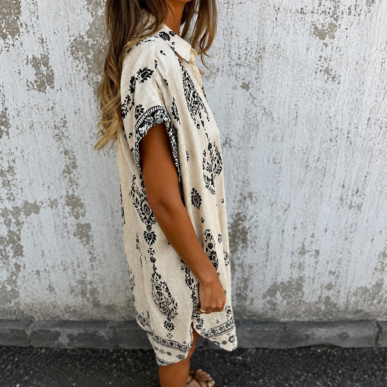 Zahara™ Cotton Linen Shirt Dress with Boho Print