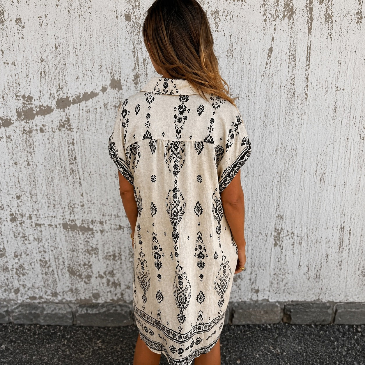 Zahara™ Cotton Linen Shirt Dress with Boho Print