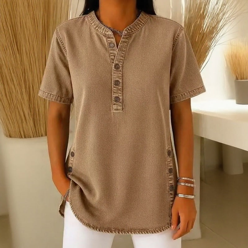Calenny™ Denim Blouse With Washed Finish and Relaxed Fit