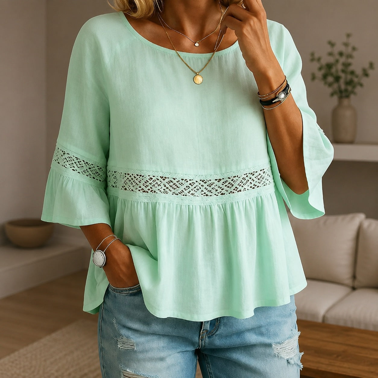Aitana™ Linen-Cotton Blouse with Delicate Lace and Flared Sleeves