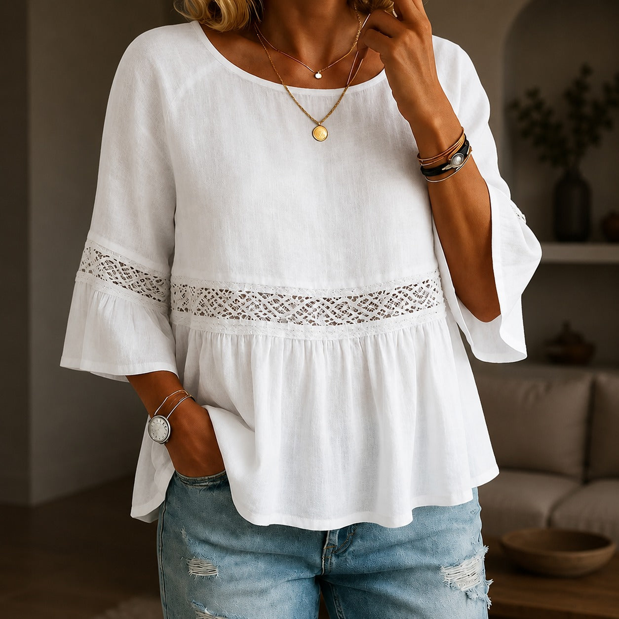 Aitana™ Linen-Cotton Blouse with Delicate Lace and Flared Sleeves
