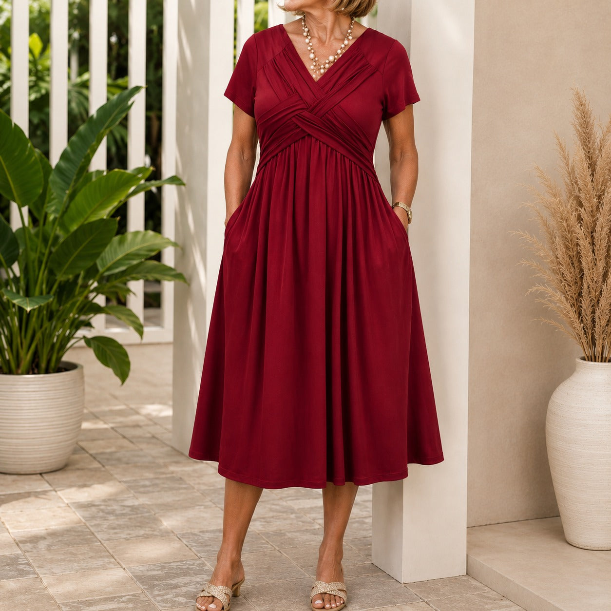 Dress Lirenne™ with V-Neck, Draped Wrap Bodice and Flowy Midi Skirt
