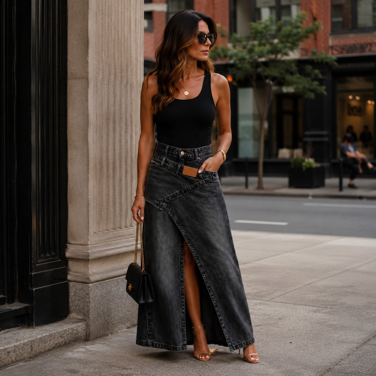 Siena™ Denim Maxi Skirt with Elongating Silhouette & Modern Design