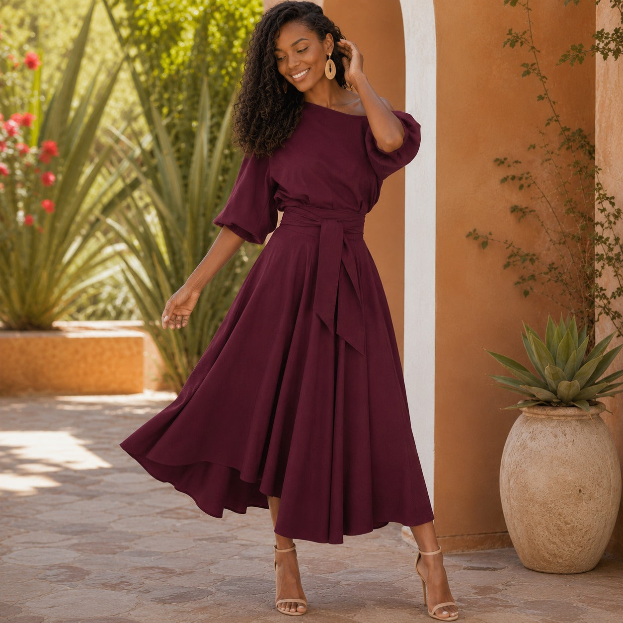 Verona Belle™ Dress with Versatile Neckline and Elegant Waist Tie
