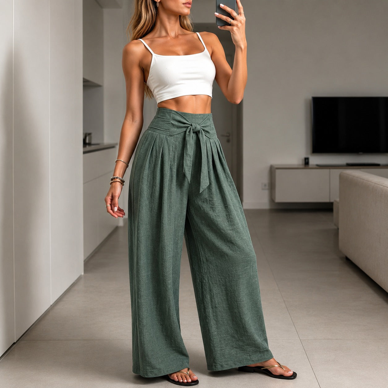 Arielle™ Wide-Leg Pants with Elegant Adjustable Waist Tie and Structured Waistband