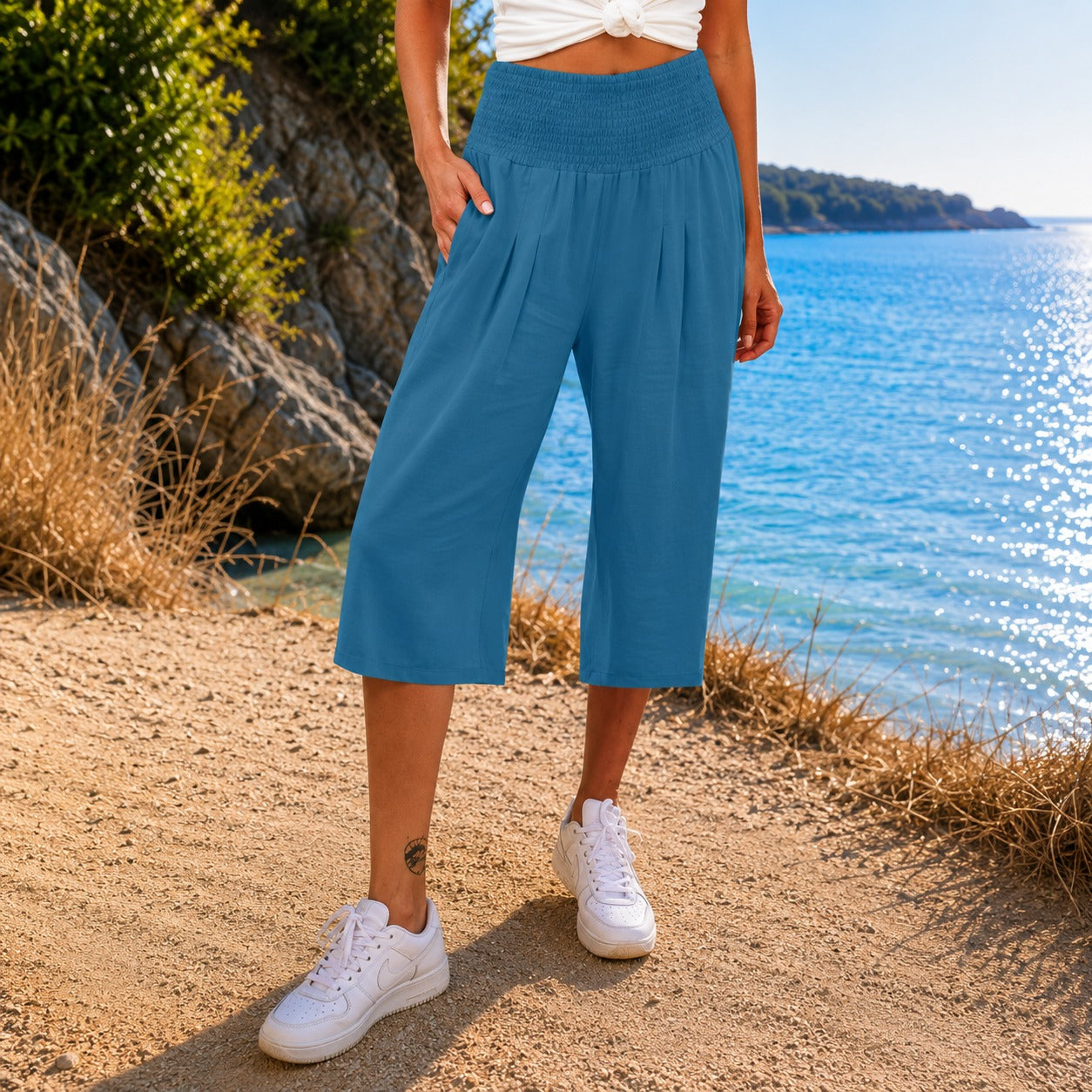 Rosetta™ Cotton Linen Cropped Wide-Leg Pants with Elegant Shirred Waistband