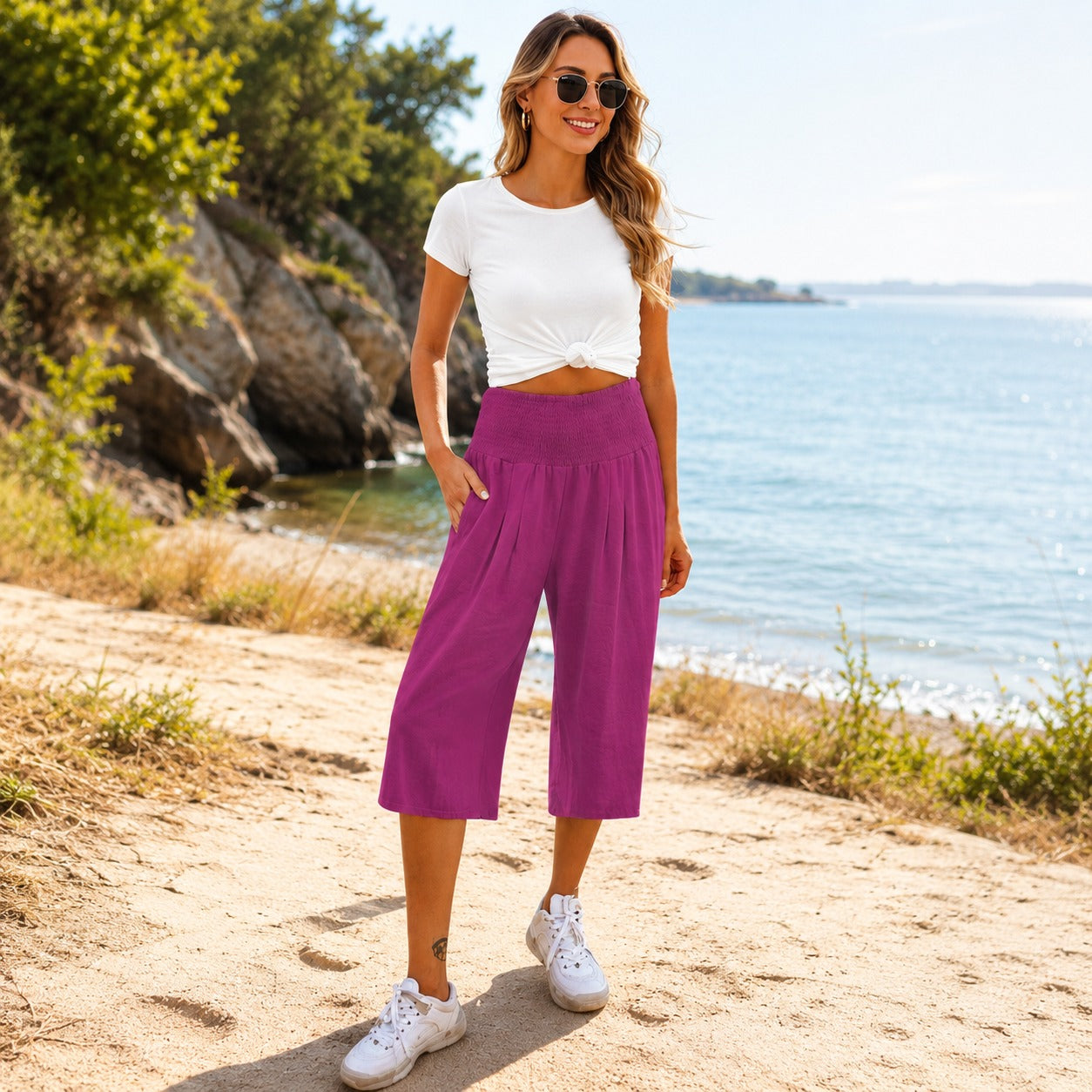 Rosetta™ Cotton Linen Cropped Wide-Leg Pants with Elegant Shirred Waistband