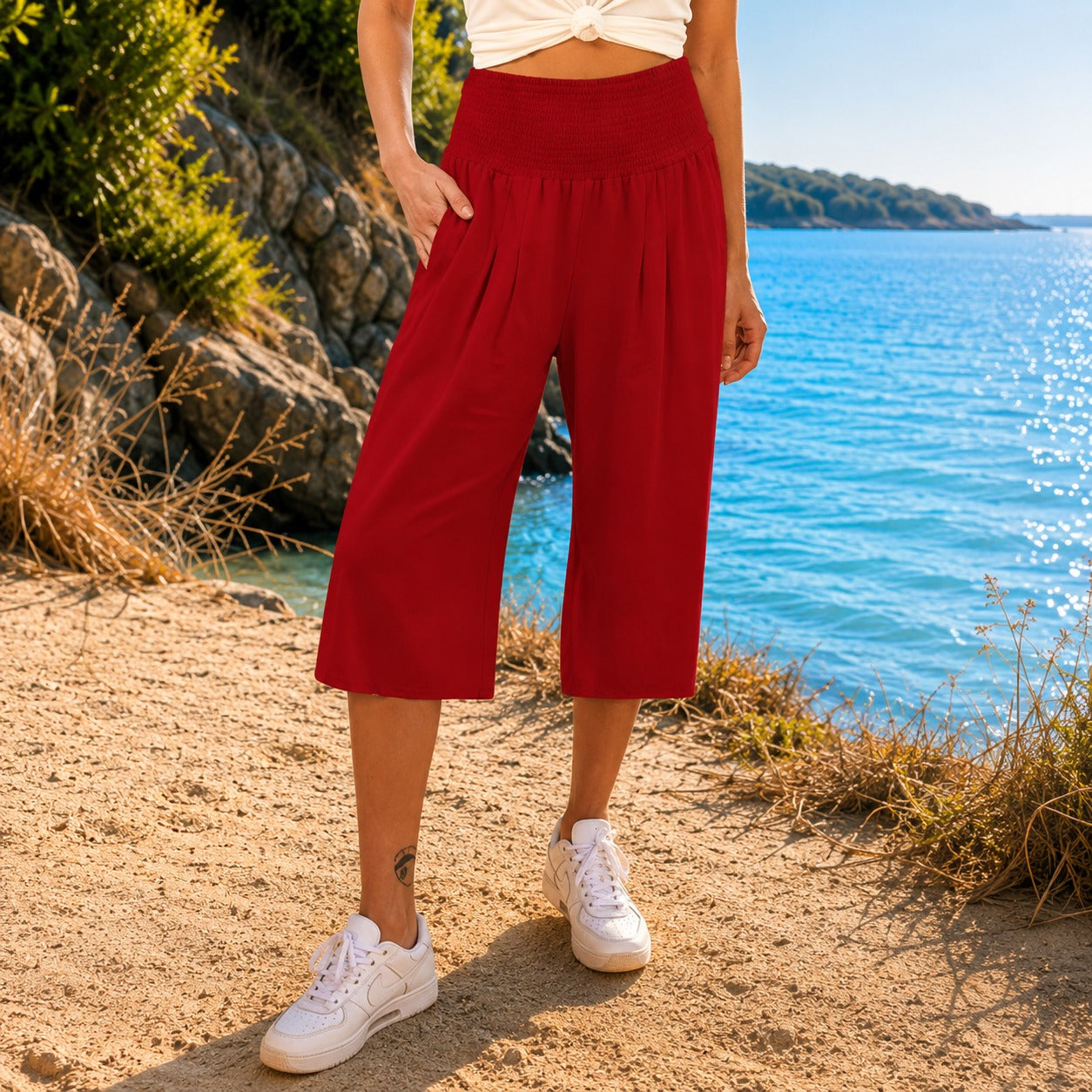 Rosetta™ Cotton Linen Cropped Wide-Leg Pants with Elegant Shirred Waistband
