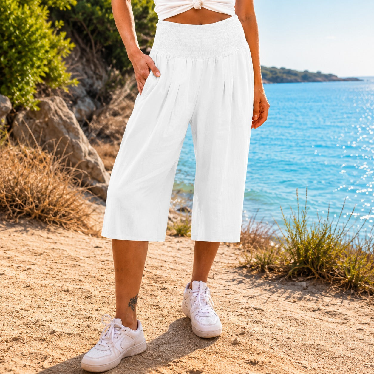 Rosetta™ Cotton Linen Cropped Wide-Leg Pants with Elegant Shirred Waistband