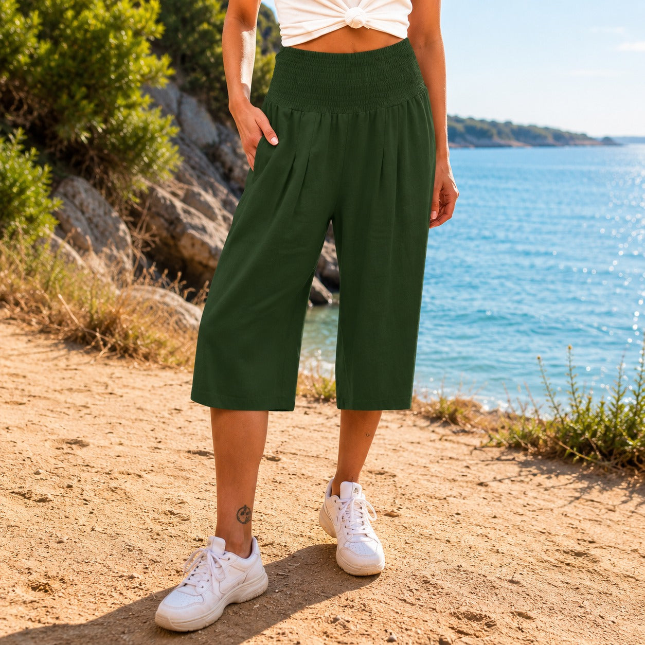 Rosetta™ Cotton Linen Cropped Wide-Leg Pants with Elegant Shirred Waistband