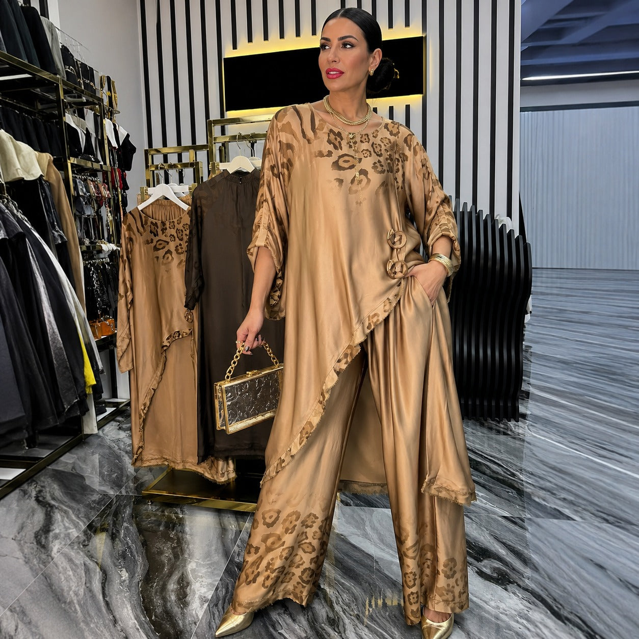 Lavinia™ Asymmetrical Satin Set with Animal Print Accents