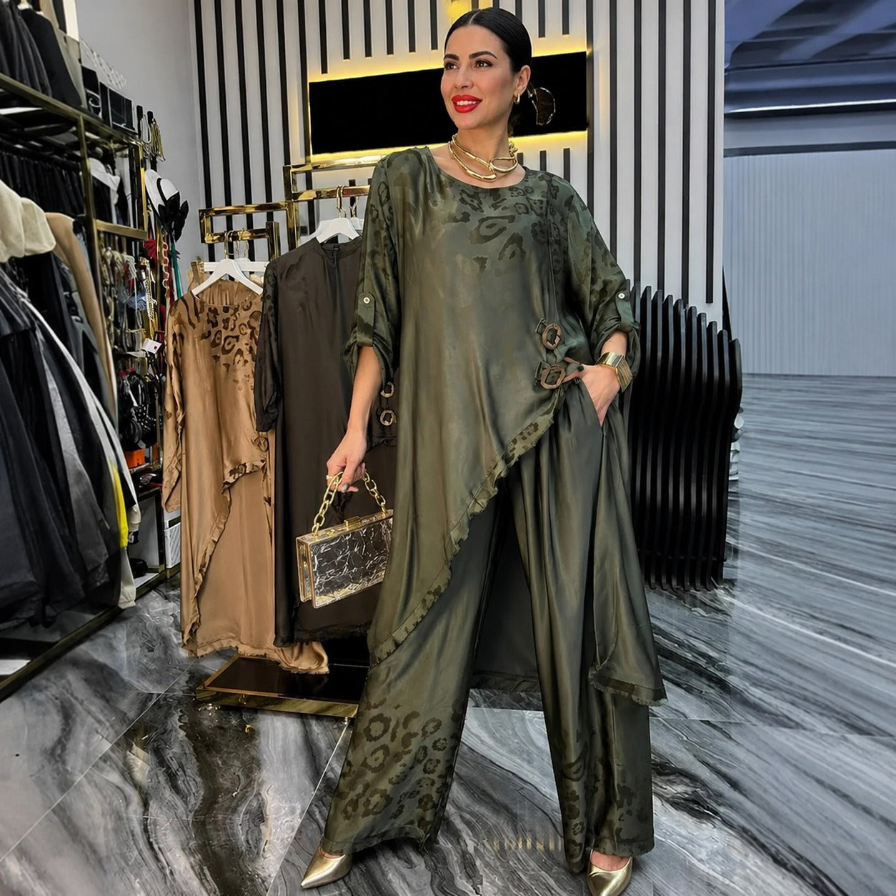 Lavinia™ Asymmetrical Satin Set with Animal Print Accents