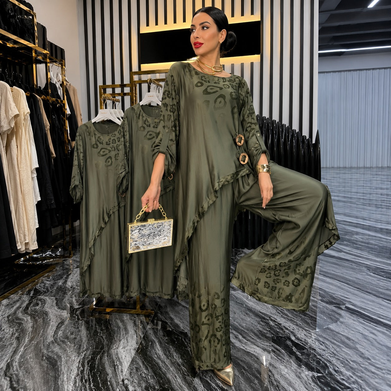 Lavinia™ Asymmetrical Satin Set with Animal Print Accents