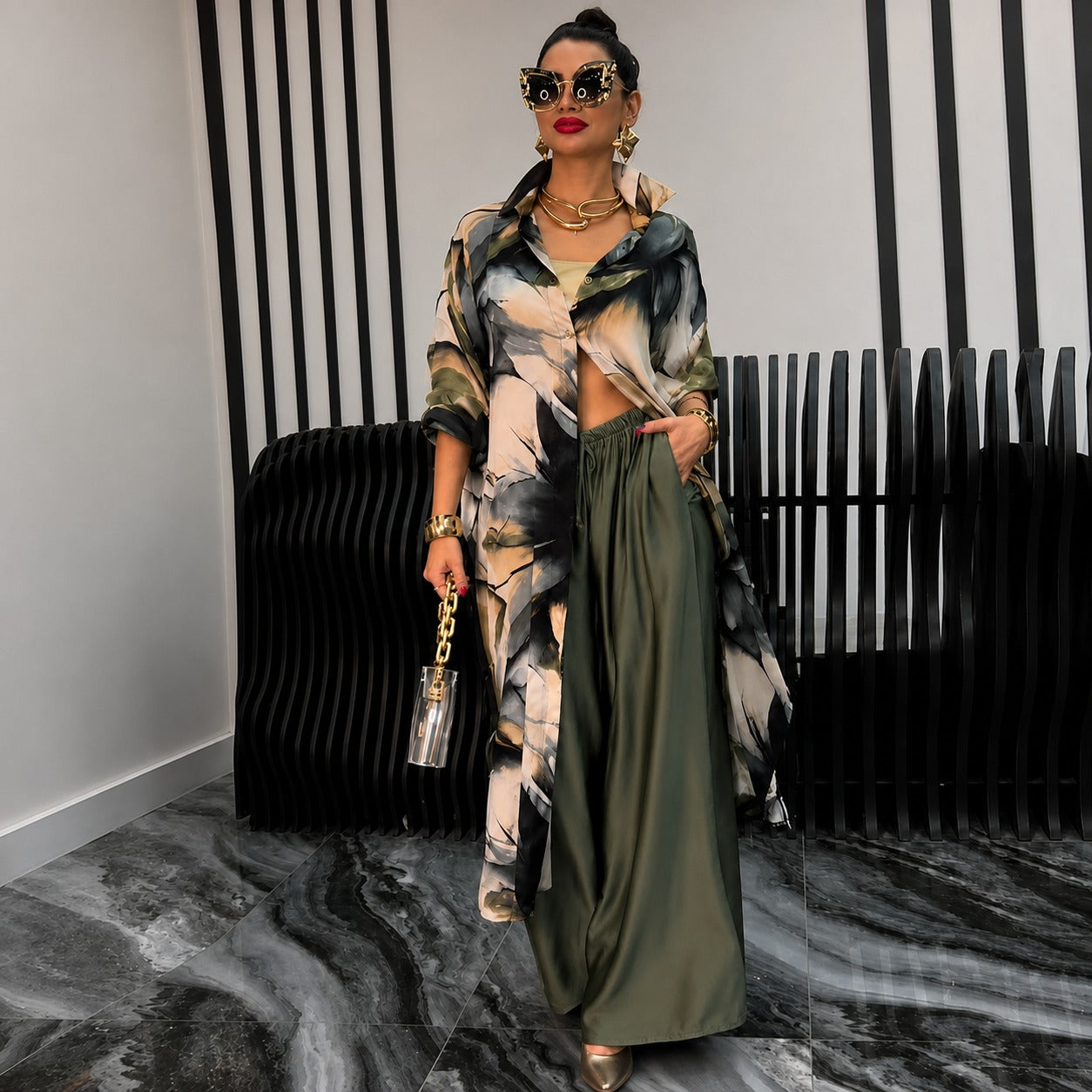 Odette™ Set with Printed Longline Shirt and Relaxed Wide-Leg Pants
