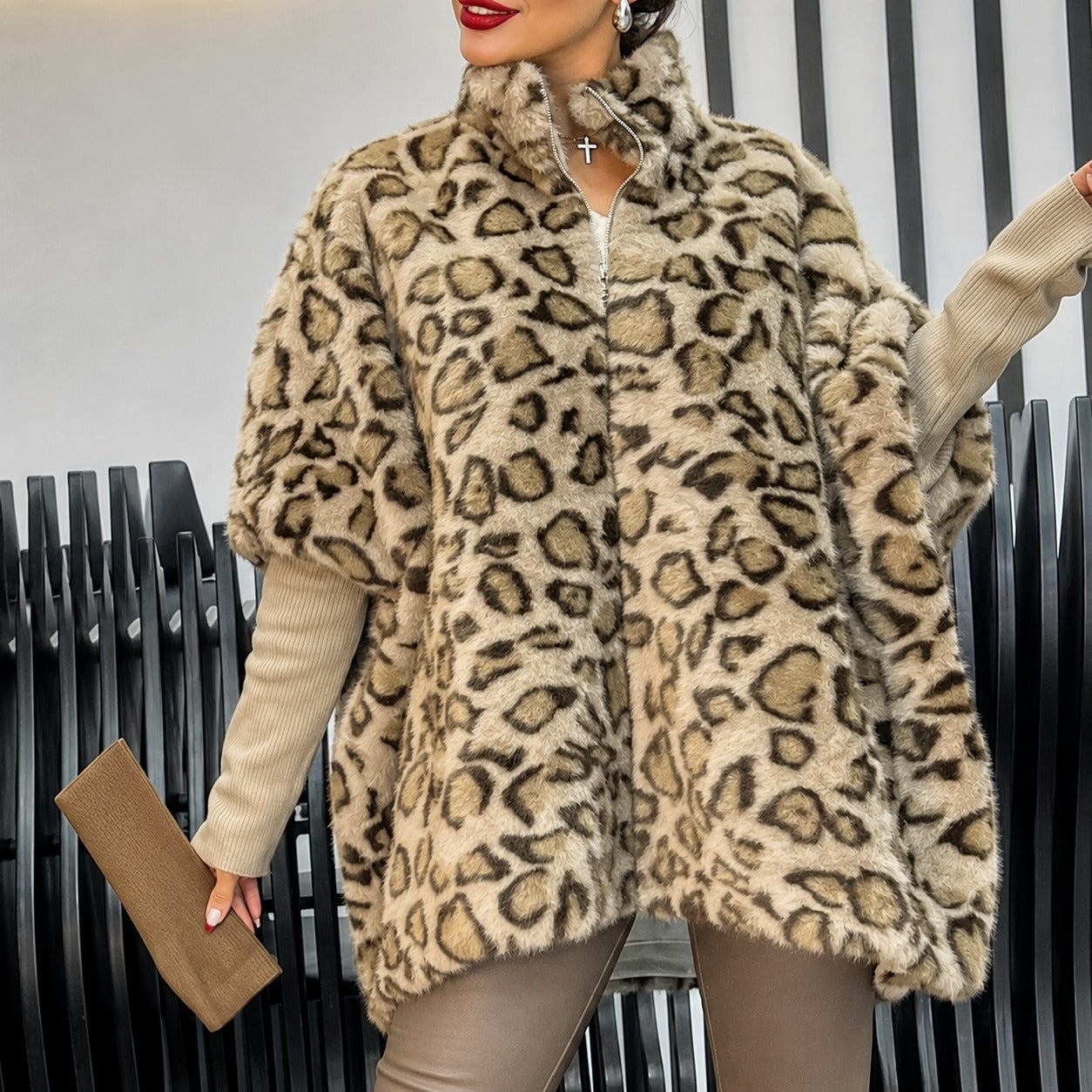 Coat Marlowe™ with Faux Fur Animal Print and Ribbed Sleeves