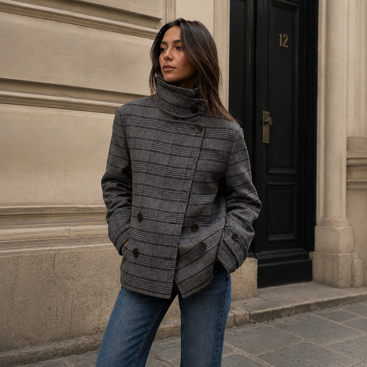 Jacket Nolene™ with Asymmetric Closure, High Stand Collar and Plaid Pattern