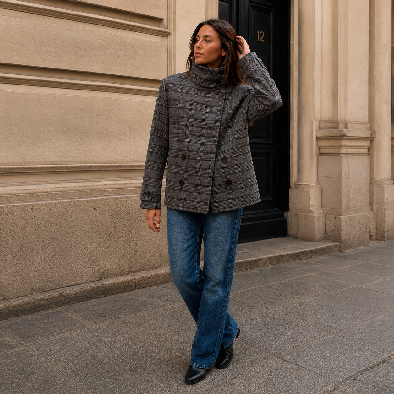 Jacket Nolene™ with Asymmetric Closure, High Stand Collar and Plaid Pattern