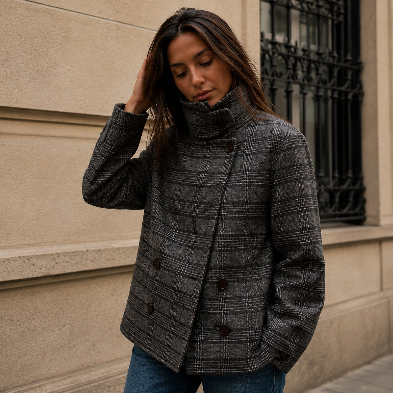 Jacket Nolene™ with Asymmetric Closure, High Stand Collar and Plaid Pattern
