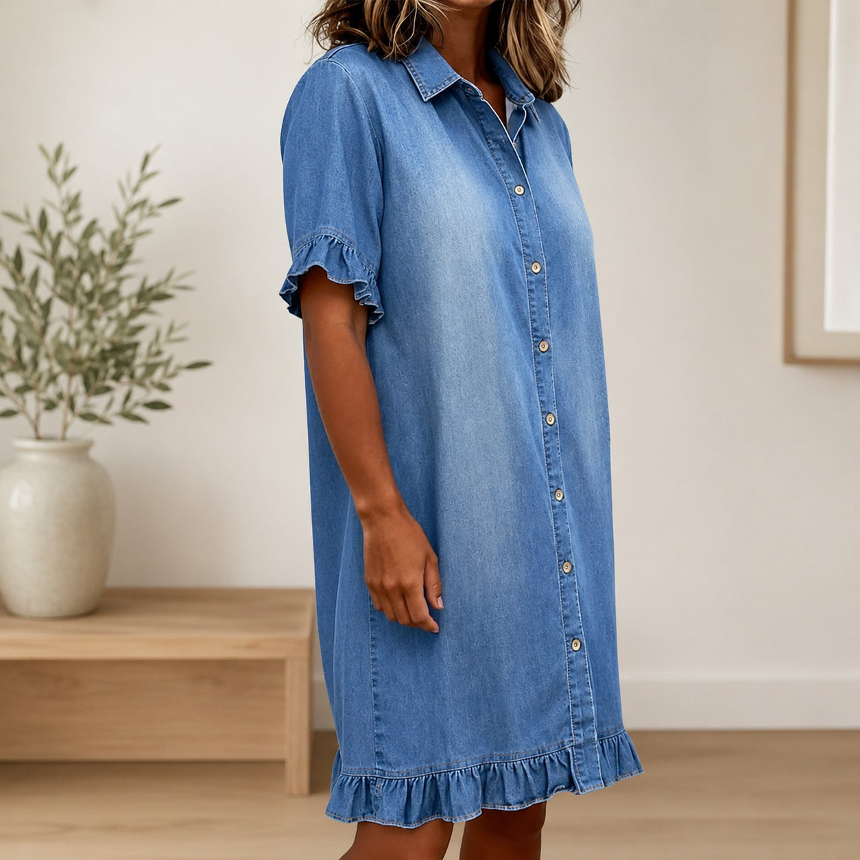 Shirt Dress Colette™ in Lightweight Denim with Classic Collar and Short Ruffle Sleeves