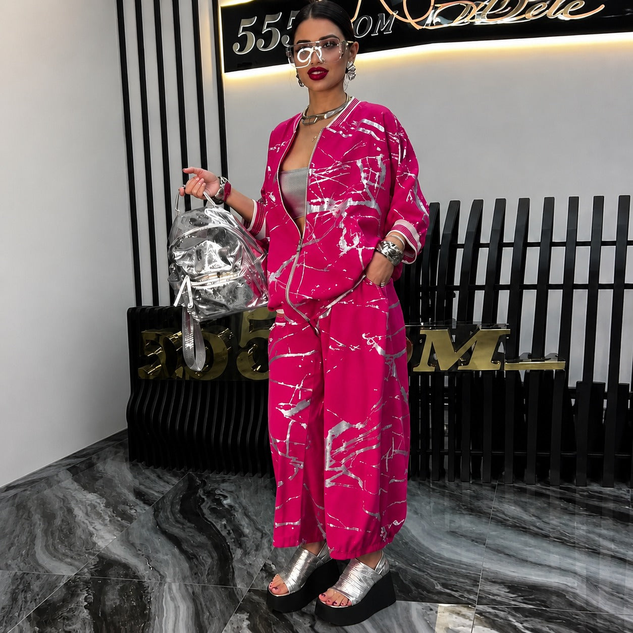 Set Coralie™ with Oversized Bomber Jacket and Abstract Print