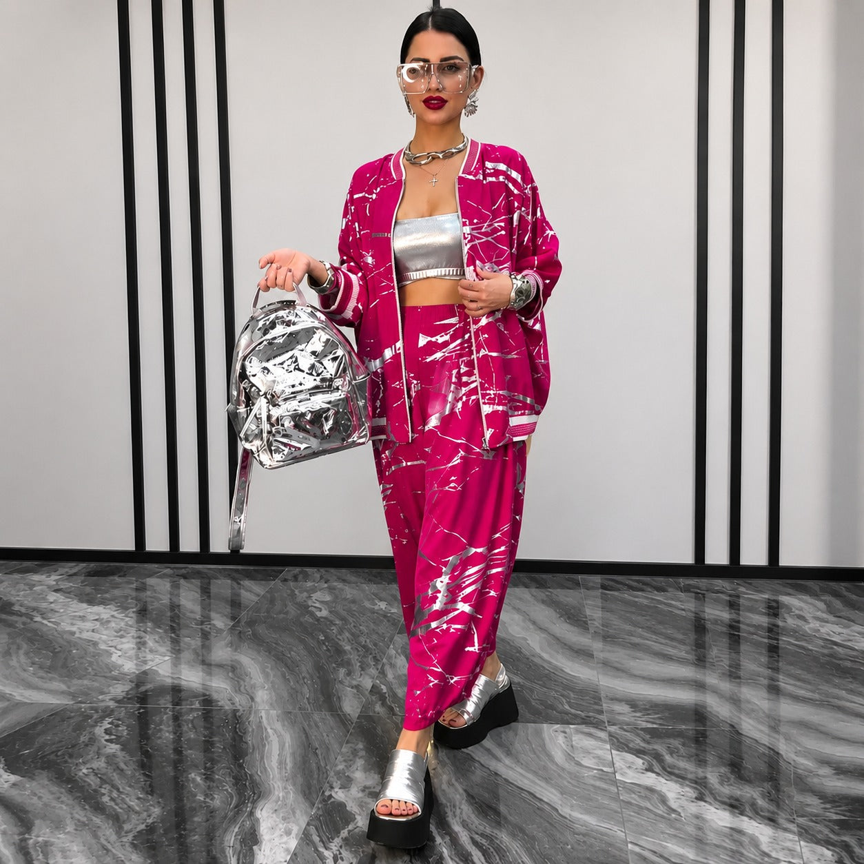 Set Coralie™ with Oversized Bomber Jacket and Abstract Print