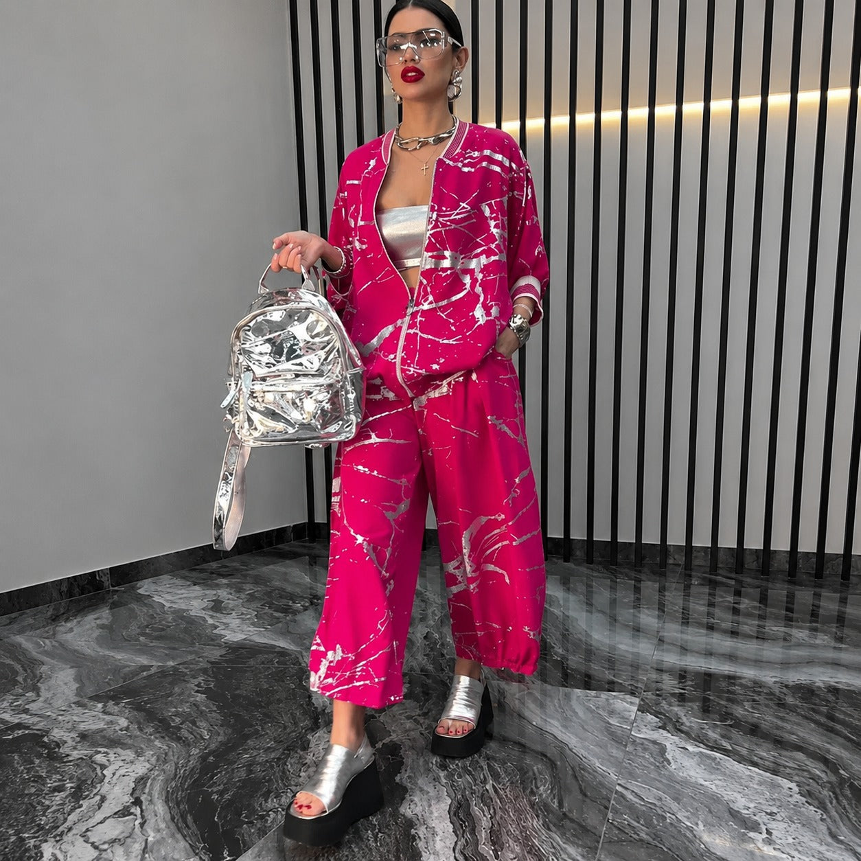 Set Coralie™ with Oversized Bomber Jacket and Abstract Print