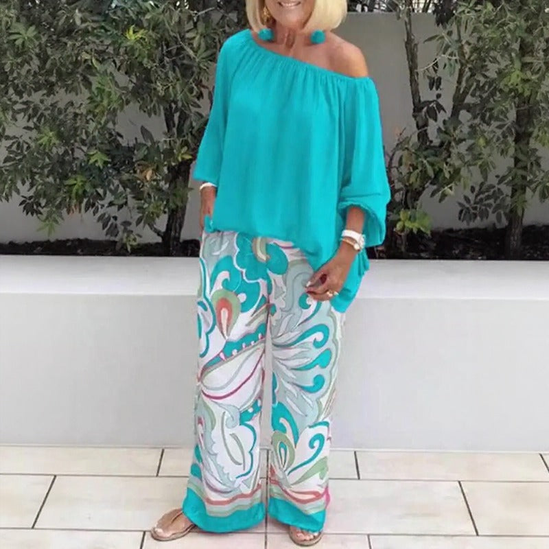 Azzura™ Off-Shoulder Top Set With Printed Wide-Leg Pants