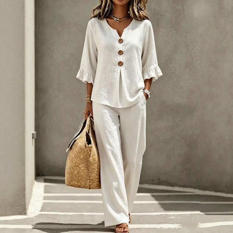 Carmelle™ Button-Up Blouse Set With Ruffle Sleeves And Wide-Leg Pants