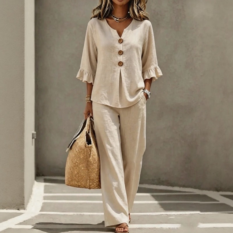 Carmelle™ Button-Up Blouse Set With Ruffle Sleeves And Wide-Leg Pants