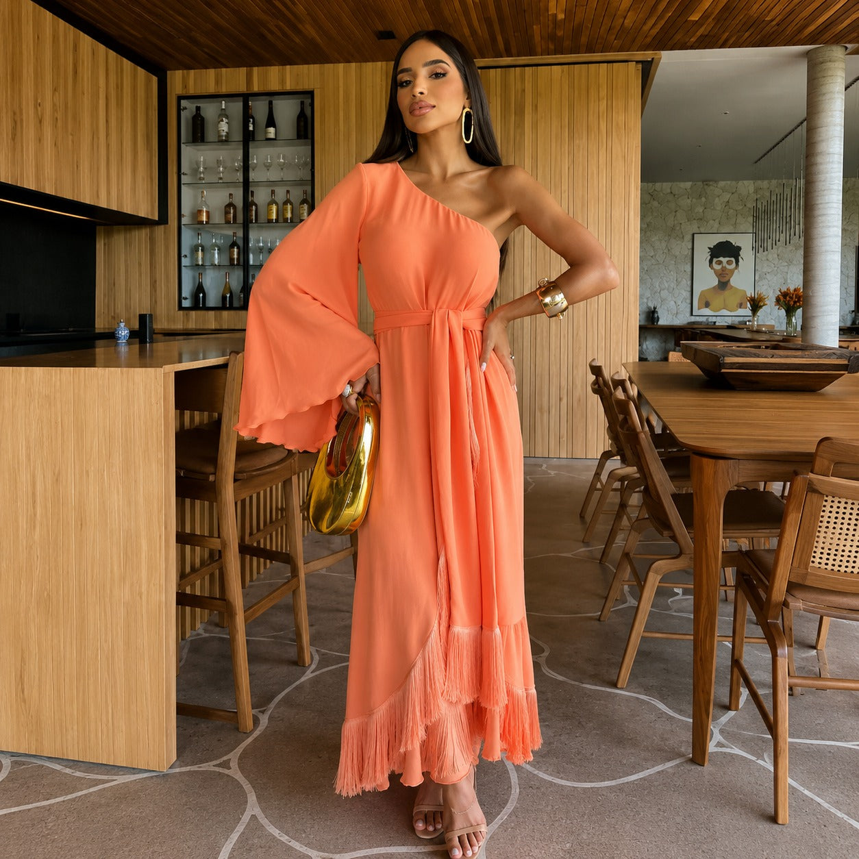 Dress Lumera™ with One-Shoulder Neckline, Flowy Drape and Ruffled Hem