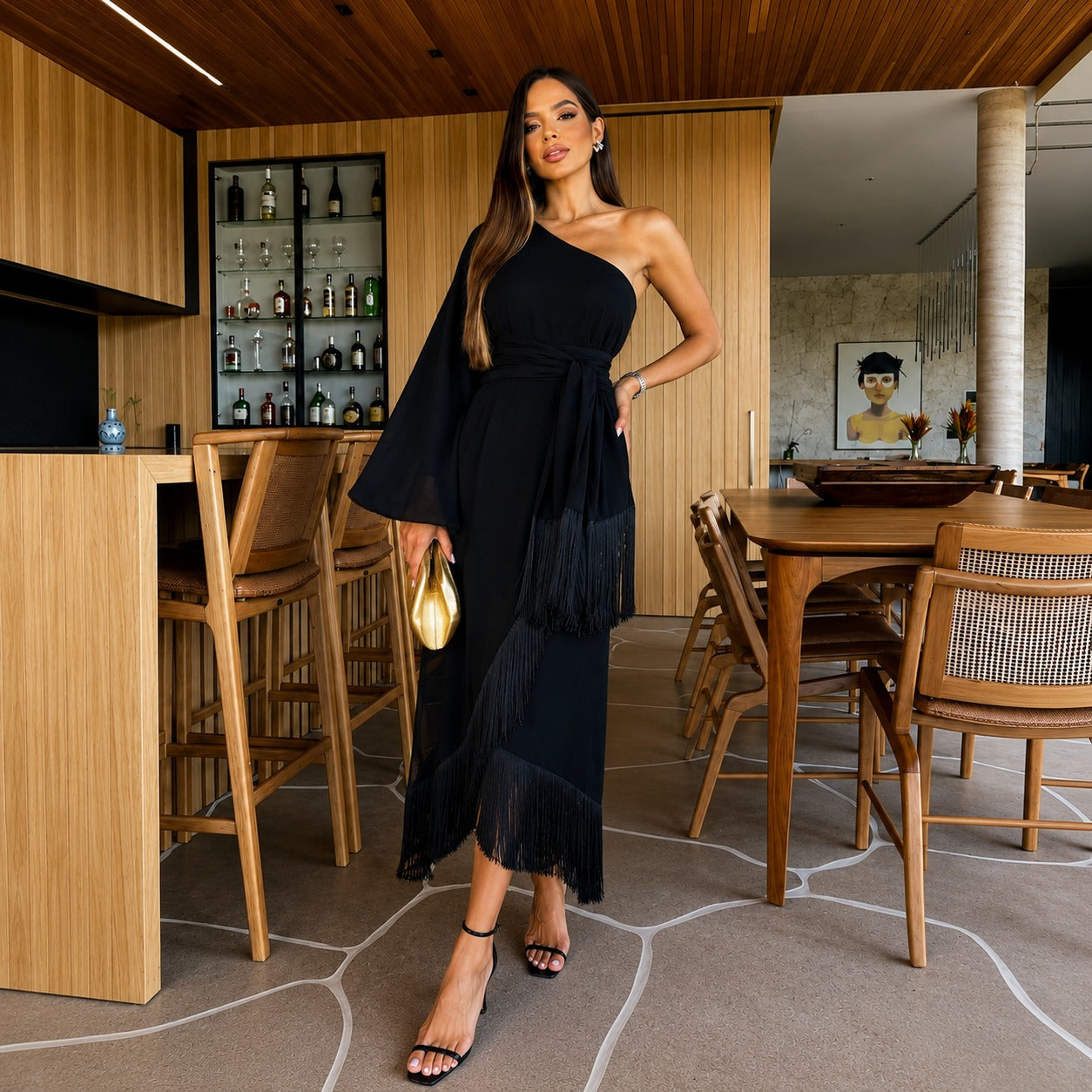 Dress Lumera™ with One-Shoulder Neckline, Flowy Drape and Ruffled Hem