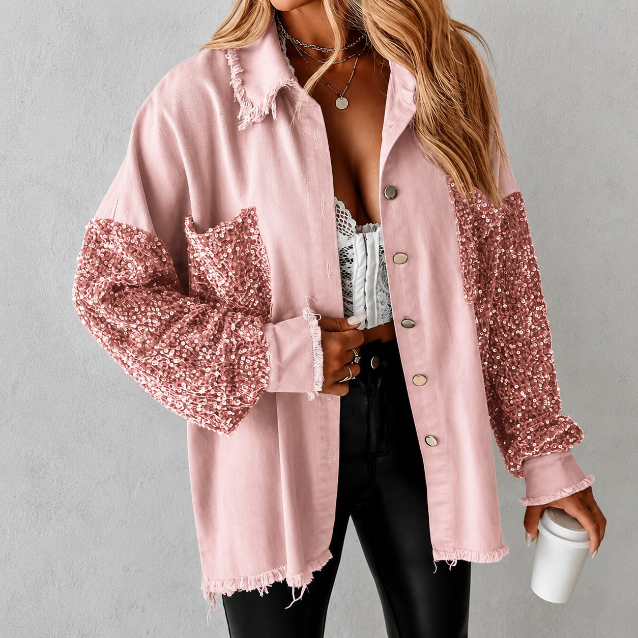 Jacket Roselyn™ with Sequin Sleeves, Pocket and Raw Edges