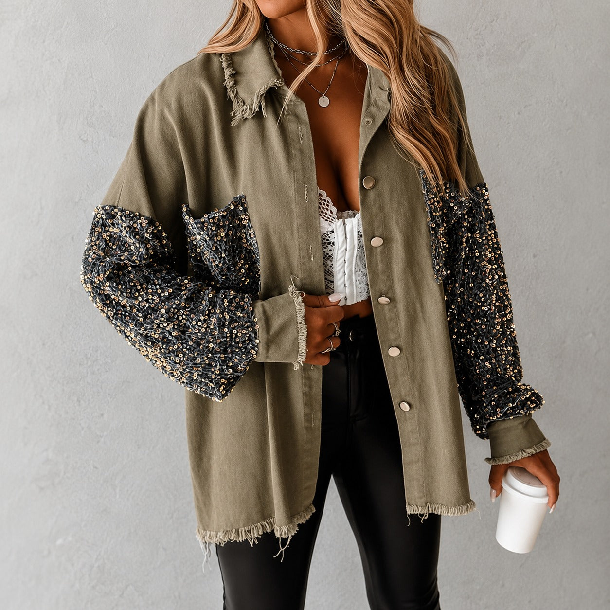 Jacket Roselyn™ with Sequin Sleeves, Pocket and Raw Edges