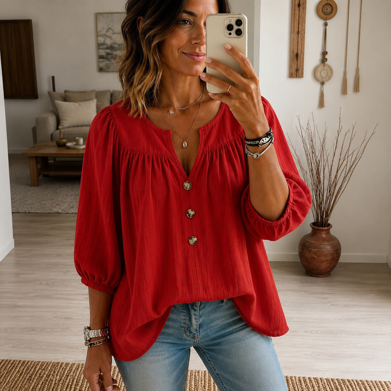 Noemi™ Cotton Blouse with 3/4 Sleeves and Button-Front