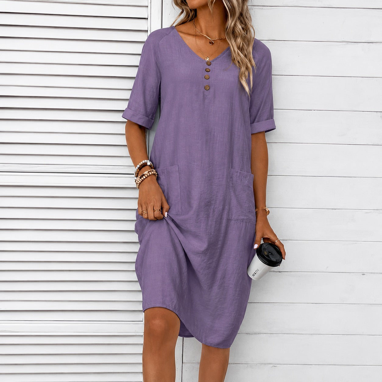 Cotton Linen Midi Dress Mirelle™ with V-Neck, Front Pockets and Relaxed Fit