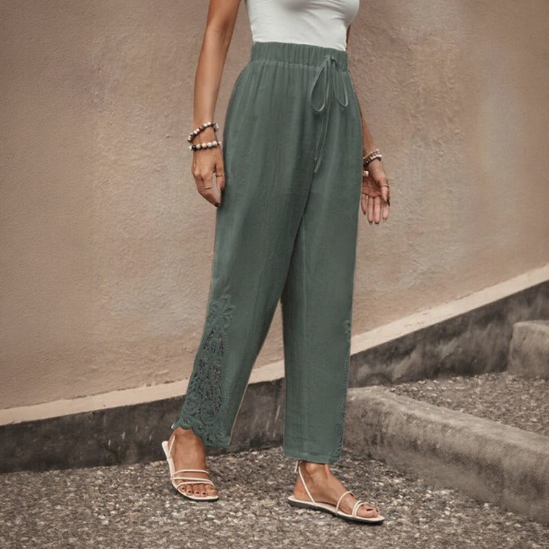 Vionna™ Lightweight Pants With Cutout Embroidery Hem