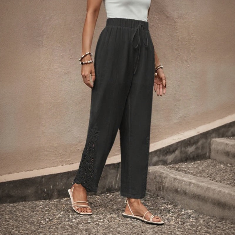 Vionna™ Lightweight Pants With Cutout Embroidery Hem