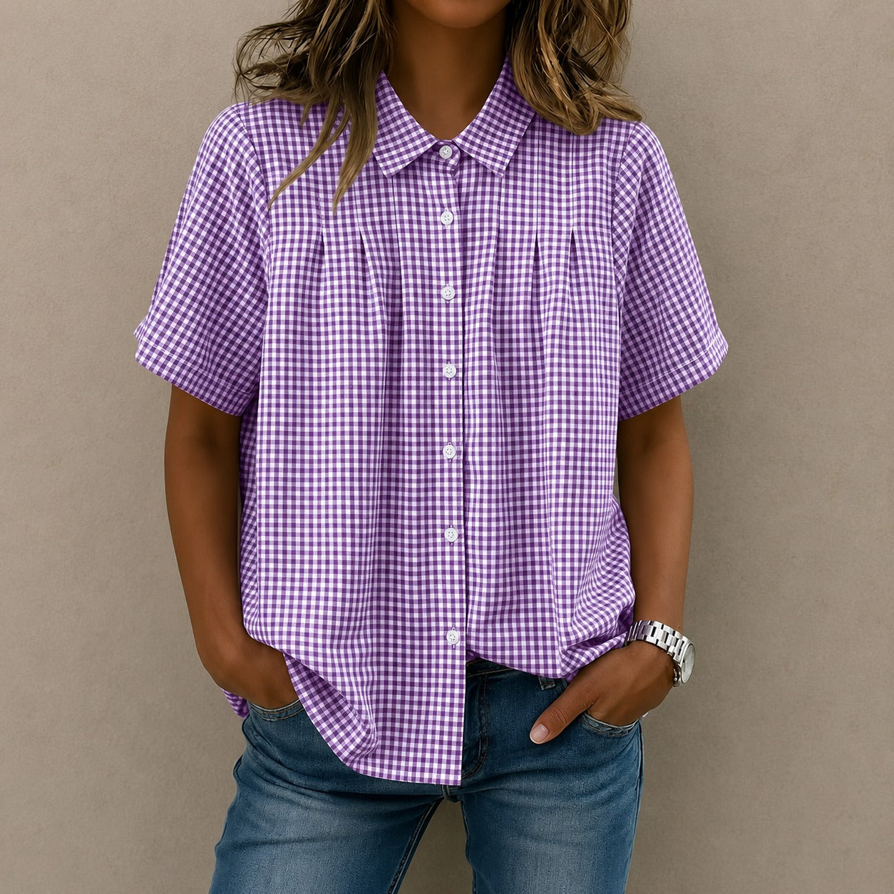 Shirt Lisette™ with Gingham Pattern, Front Pleats and Relaxed Fit