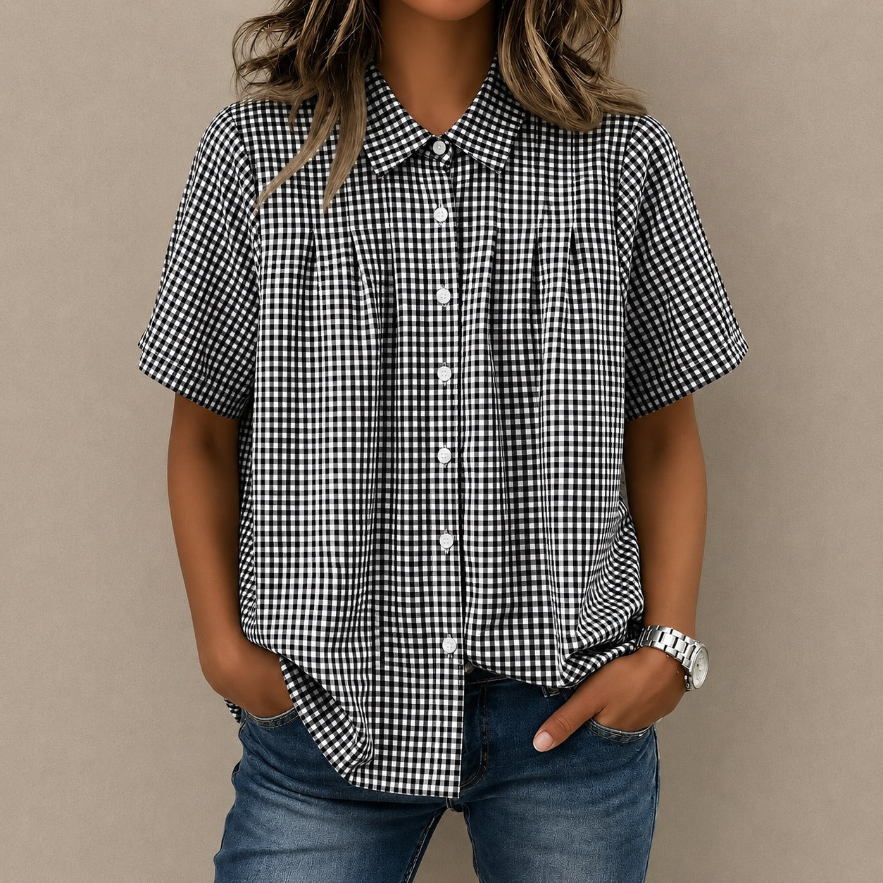 Shirt Lisette™ with Gingham Pattern, Front Pleats and Relaxed Fit
