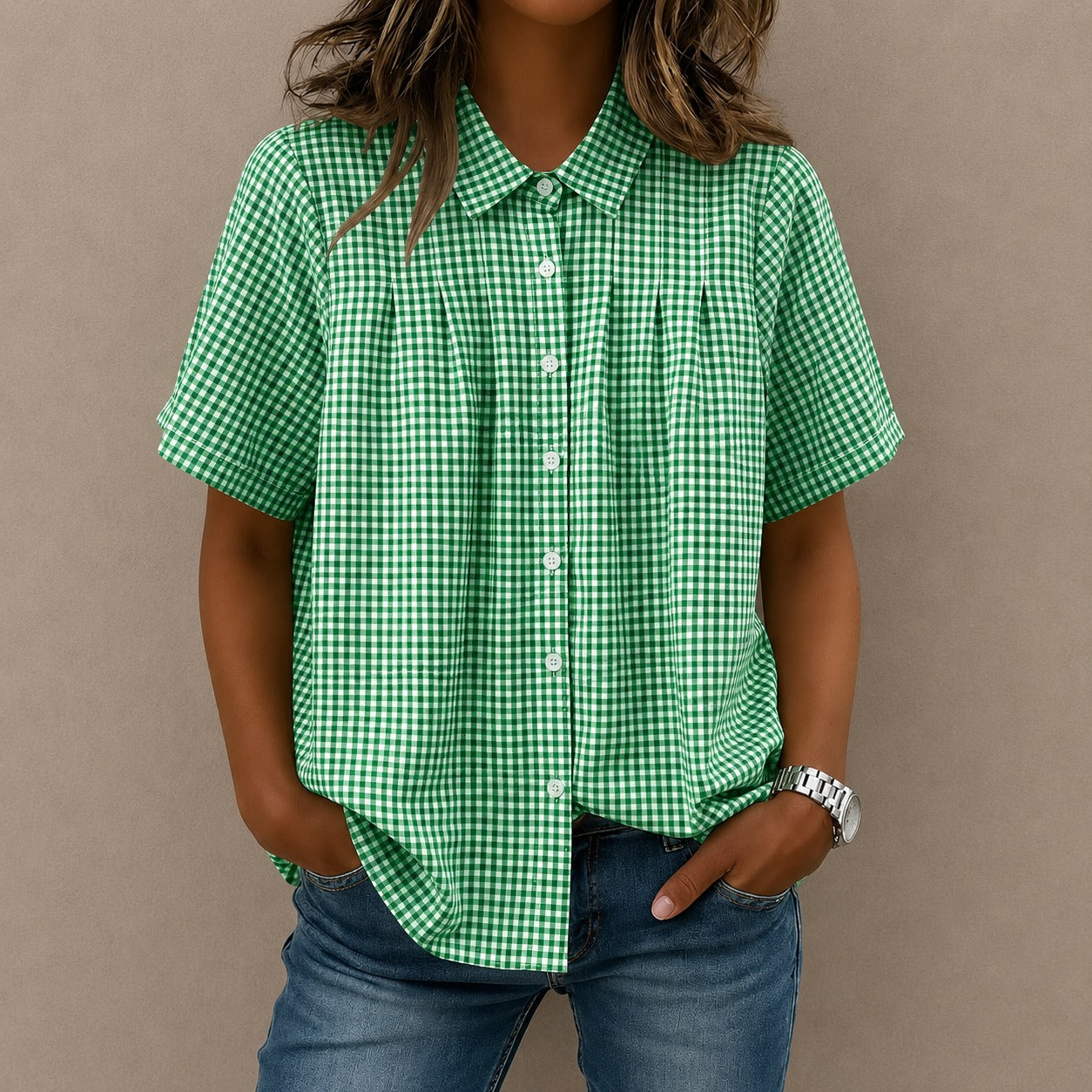 Shirt Lisette™ with Gingham Pattern, Front Pleats and Relaxed Fit