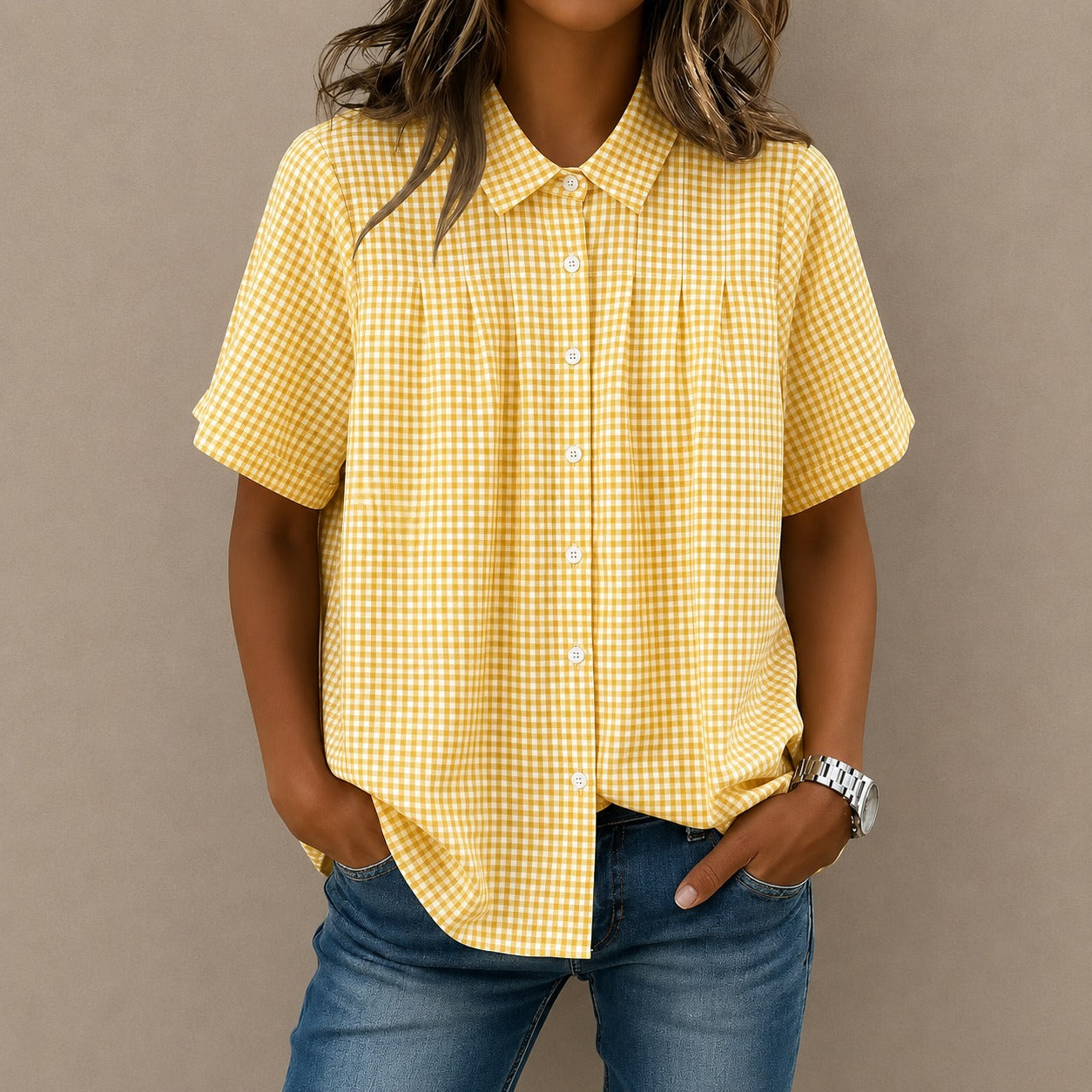 Shirt Lisette™ with Gingham Pattern, Front Pleats and Relaxed Fit