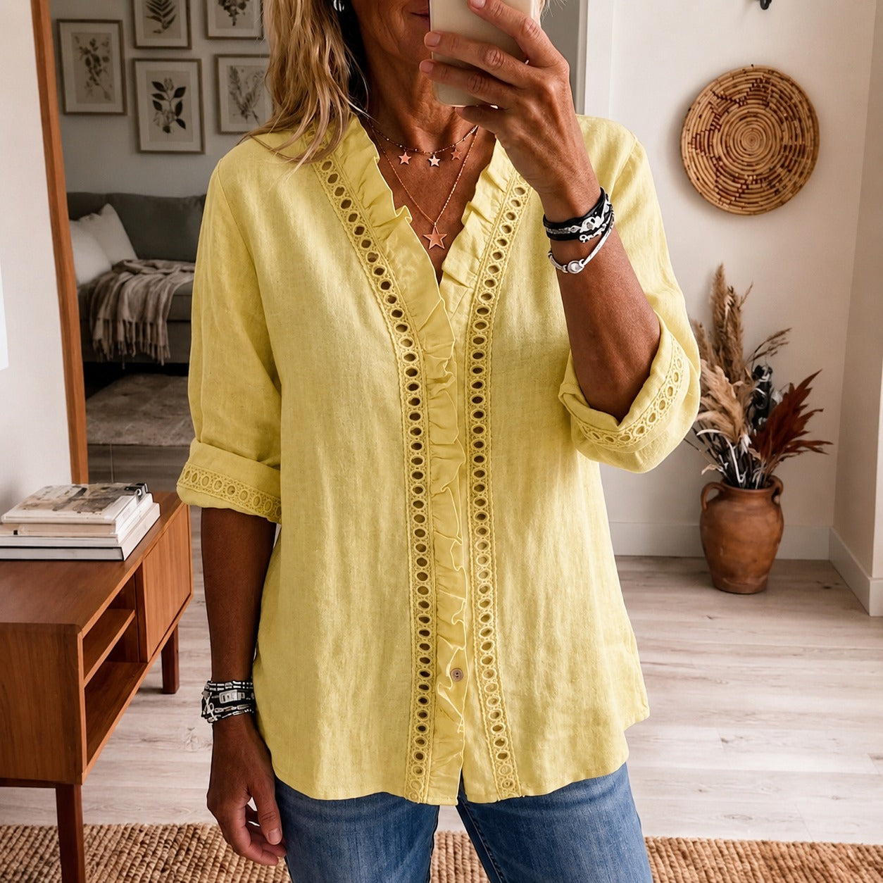 Linen Blouse Briony™ with Eyelet Lace and Ruffle Trim